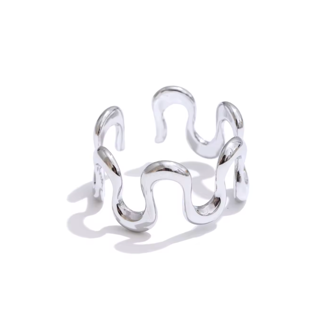A rust-proof silver stainless steel ring with a wave-inspired, irregular open design. The adjustable band offers a chic, minimalist look, perfect for adding sophistication to any outfit.