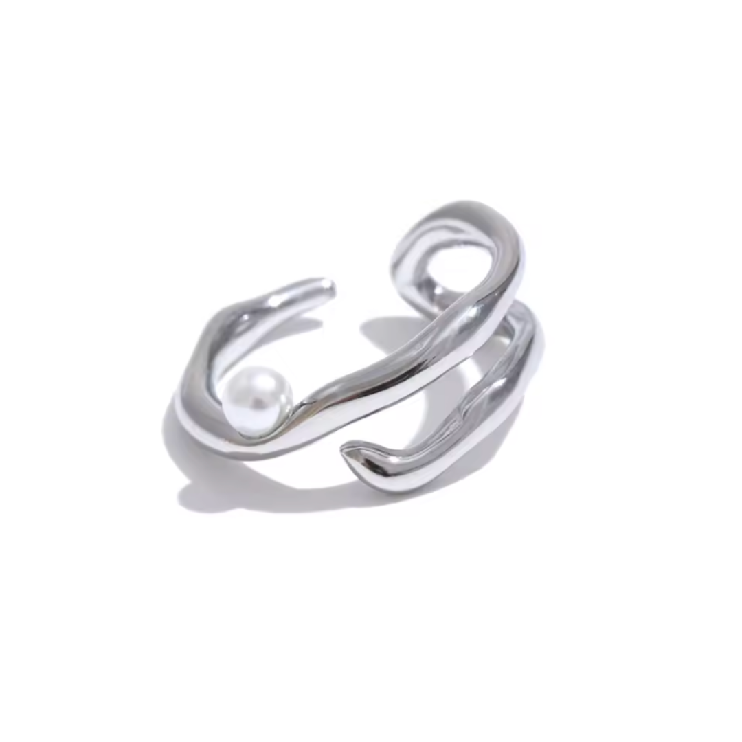 A sleek silver, open ring made from high-quality stainless steel, featuring pearl accents within a modern geometric design. Its minimalist, chic style adds sophistication to any outfit, ideal for everyday wear or special occasions.