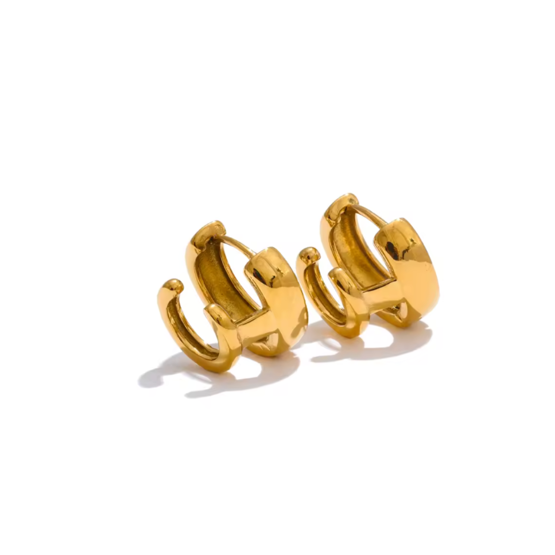 Double-layer round hoop earrings made of PVD-plated stainless steel, offering a chic golden shine and versatile design.